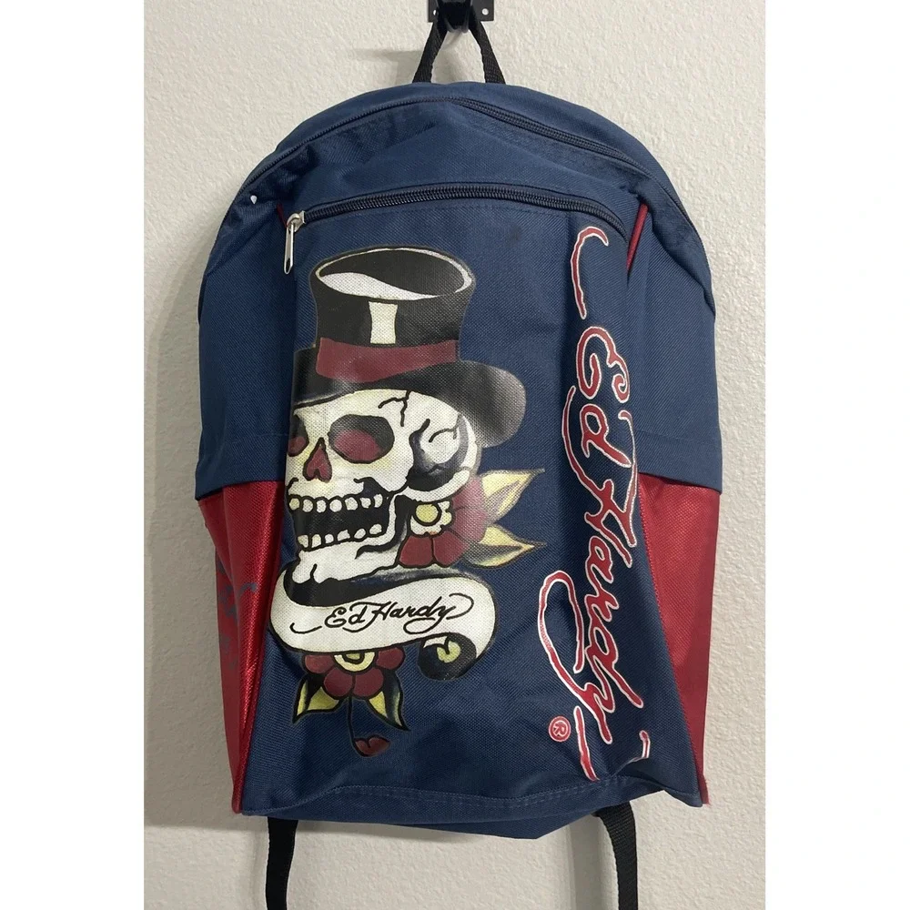 ED HARDY Skull with Top Hat Zip Up Backpack With 4 Pockets Blue & Red